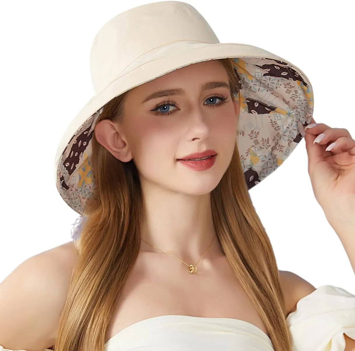 Women Bohemian Reversible Floral Cotton Sun Hat Wide Brim Outdoor Bucket Hats UV Protection