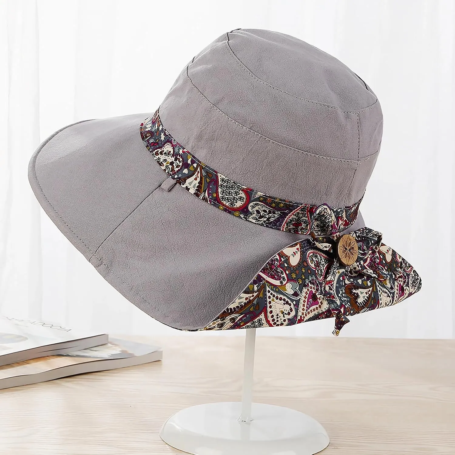 Women Bohemian Reversible Floral Cotton Sun Hat Wide Brim Outdoor Bucket Hats UV Protection