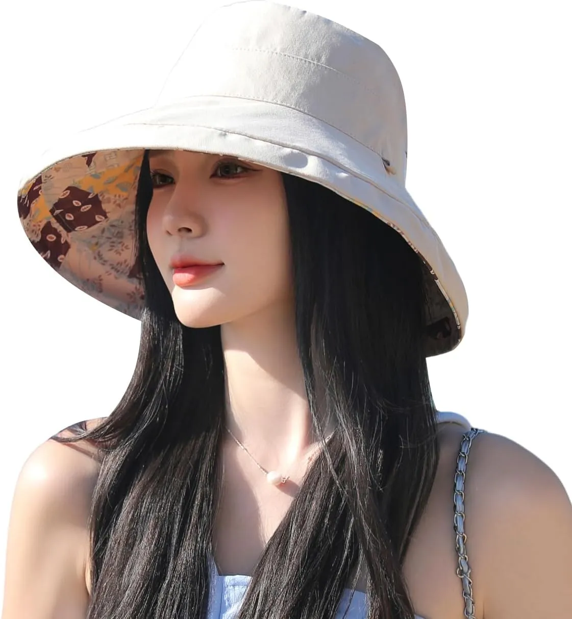 Women Bohemian Reversible Floral Cotton Sun Hat Wide Brim Outdoor Bucket Hats UV Protection