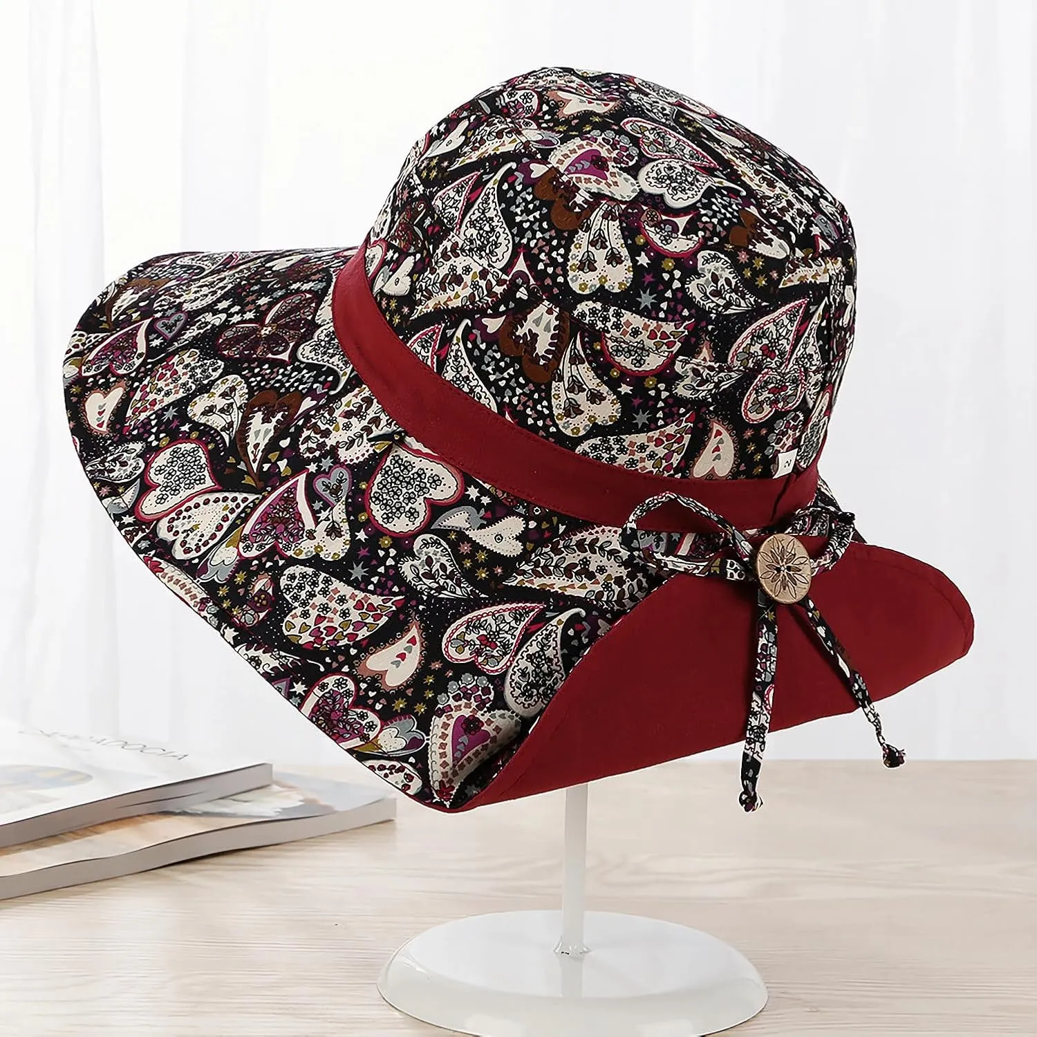 Women Bohemian Reversible Floral Cotton Sun Hat Wide Brim Outdoor Bucket Hats UV Protection