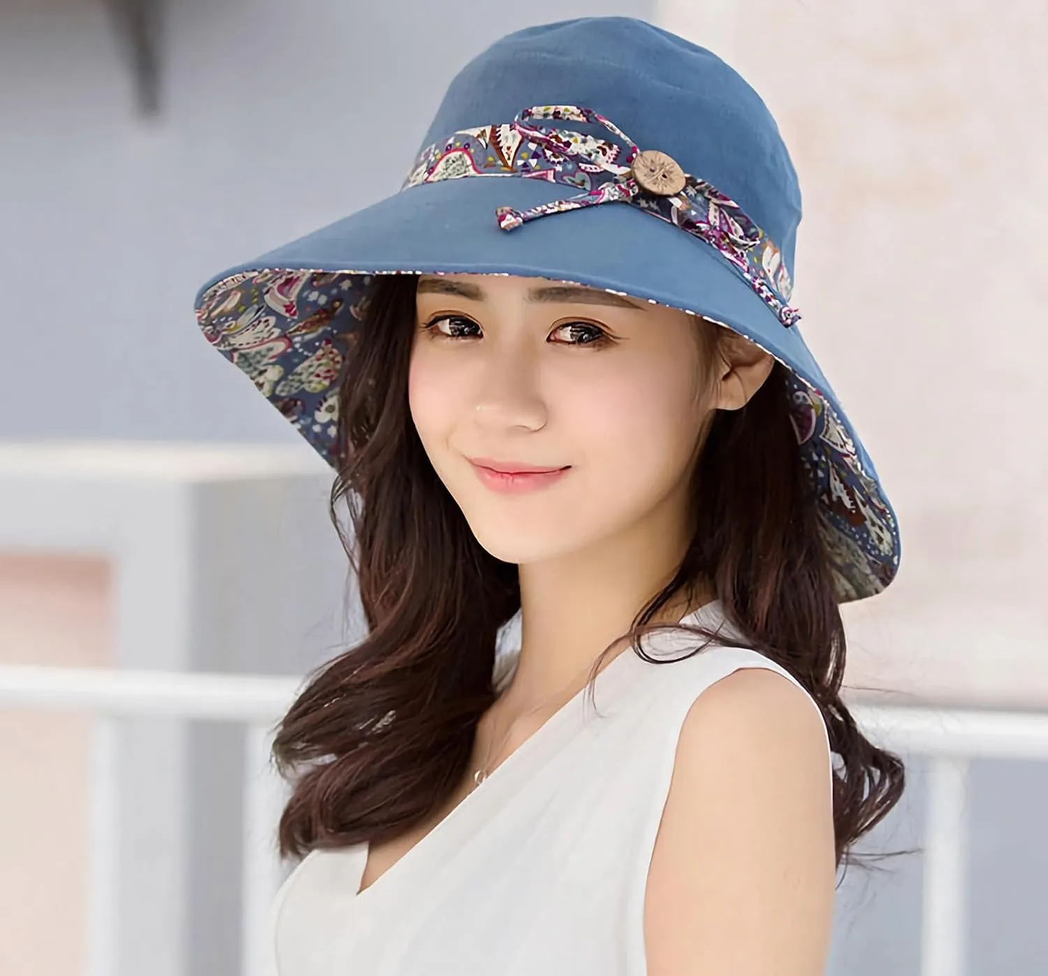 Women Bohemian Reversible Floral Cotton Sun Hat Wide Brim Outdoor Bucket Hats UV Protection