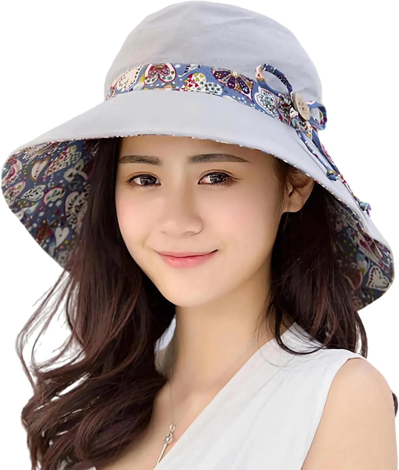 Women Bohemian Reversible Floral Cotton Sun Hat Wide Brim Outdoor Bucket Hats UV Protection