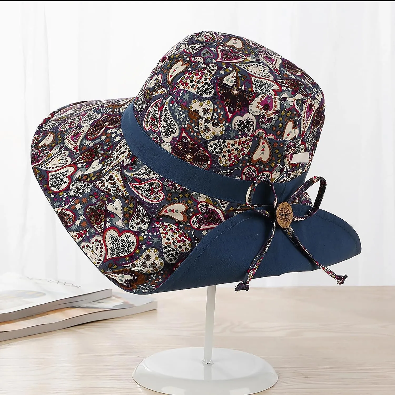 Women Bohemian Reversible Floral Cotton Sun Hat Wide Brim Outdoor Bucket Hats UV Protection