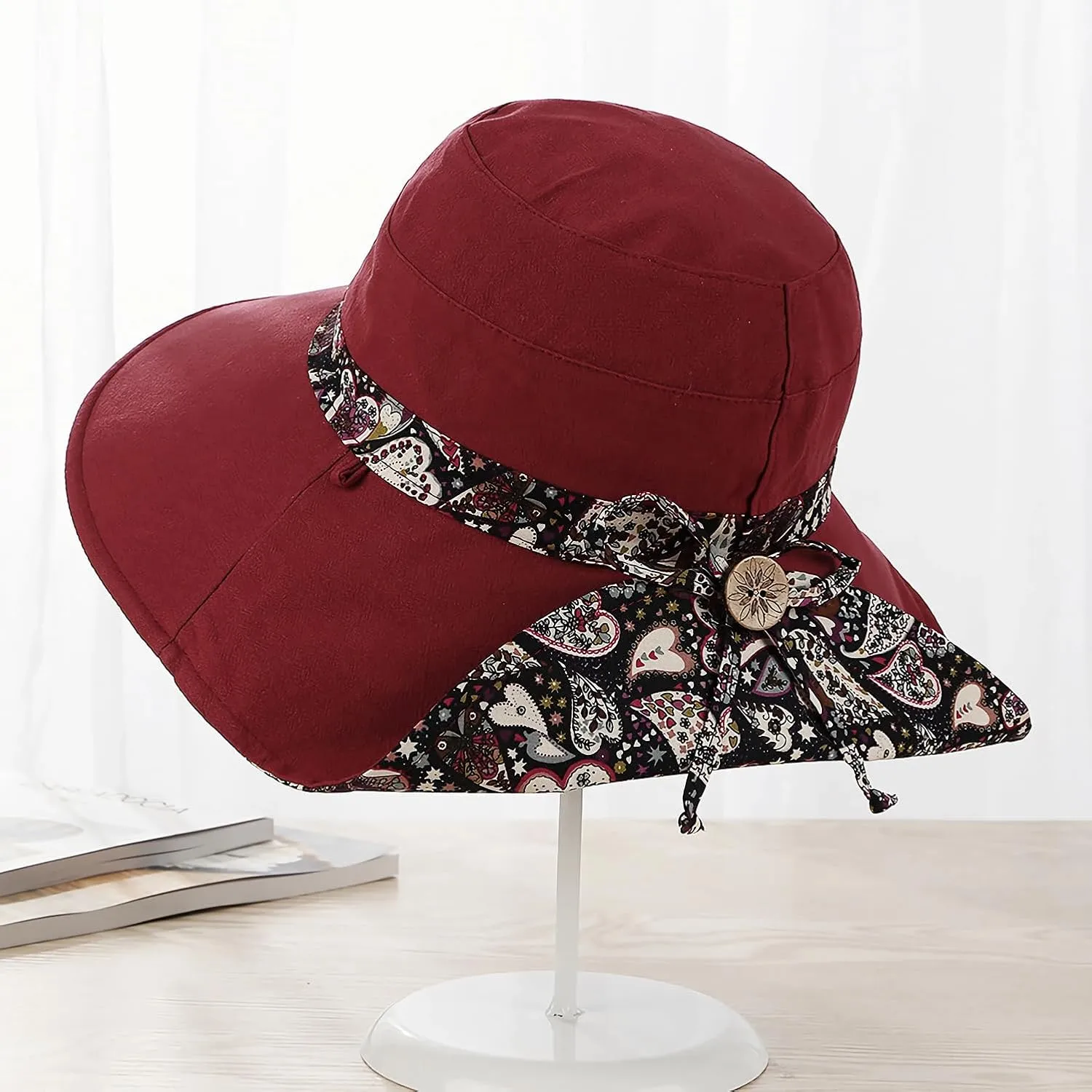Women Bohemian Reversible Floral Cotton Sun Hat Wide Brim Outdoor Bucket Hats UV Protection