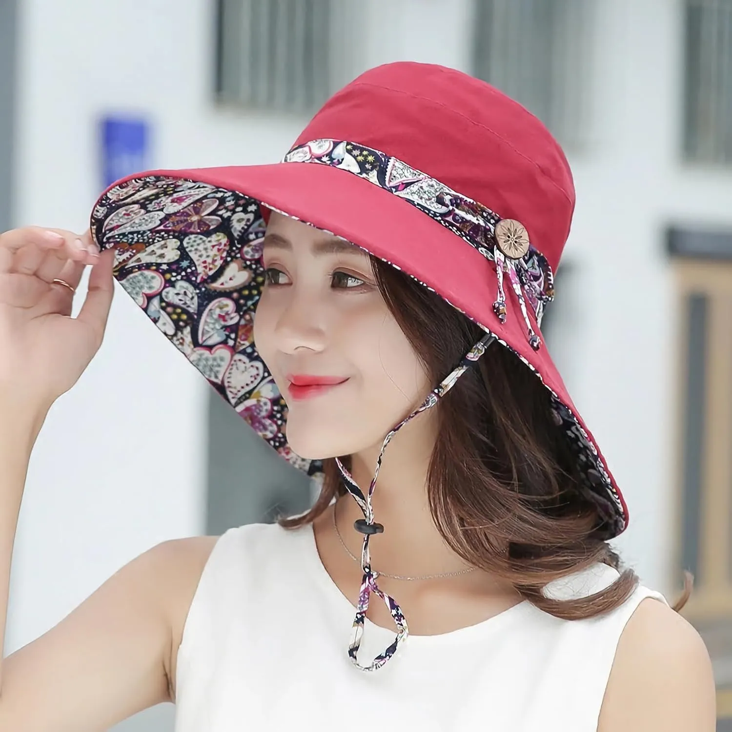 Women Bohemian Reversible Floral Cotton Sun Hat Wide Brim Outdoor Bucket Hats UV Protection