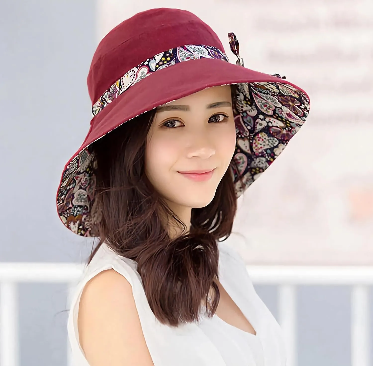 Women Bohemian Reversible Floral Cotton Sun Hat Wide Brim Outdoor Bucket Hats UV Protection