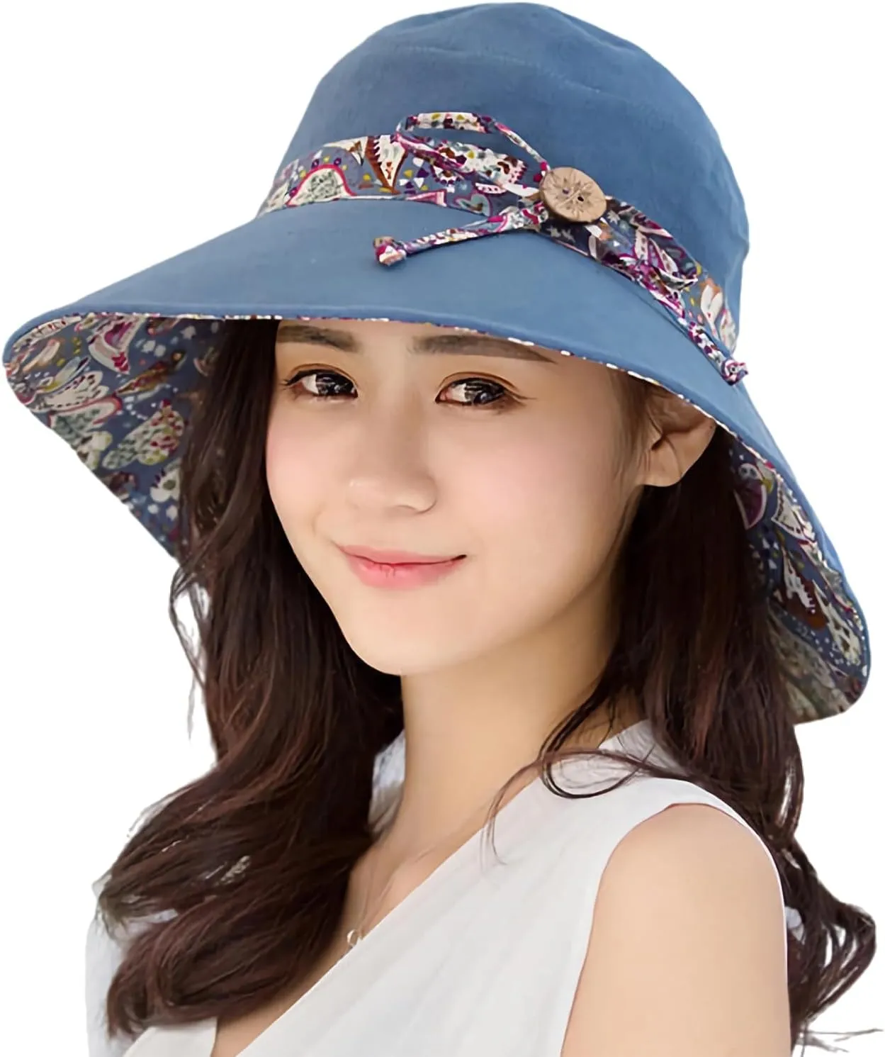 Women Bohemian Reversible Floral Cotton Sun Hat Wide Brim Outdoor Bucket Hats UV Protection