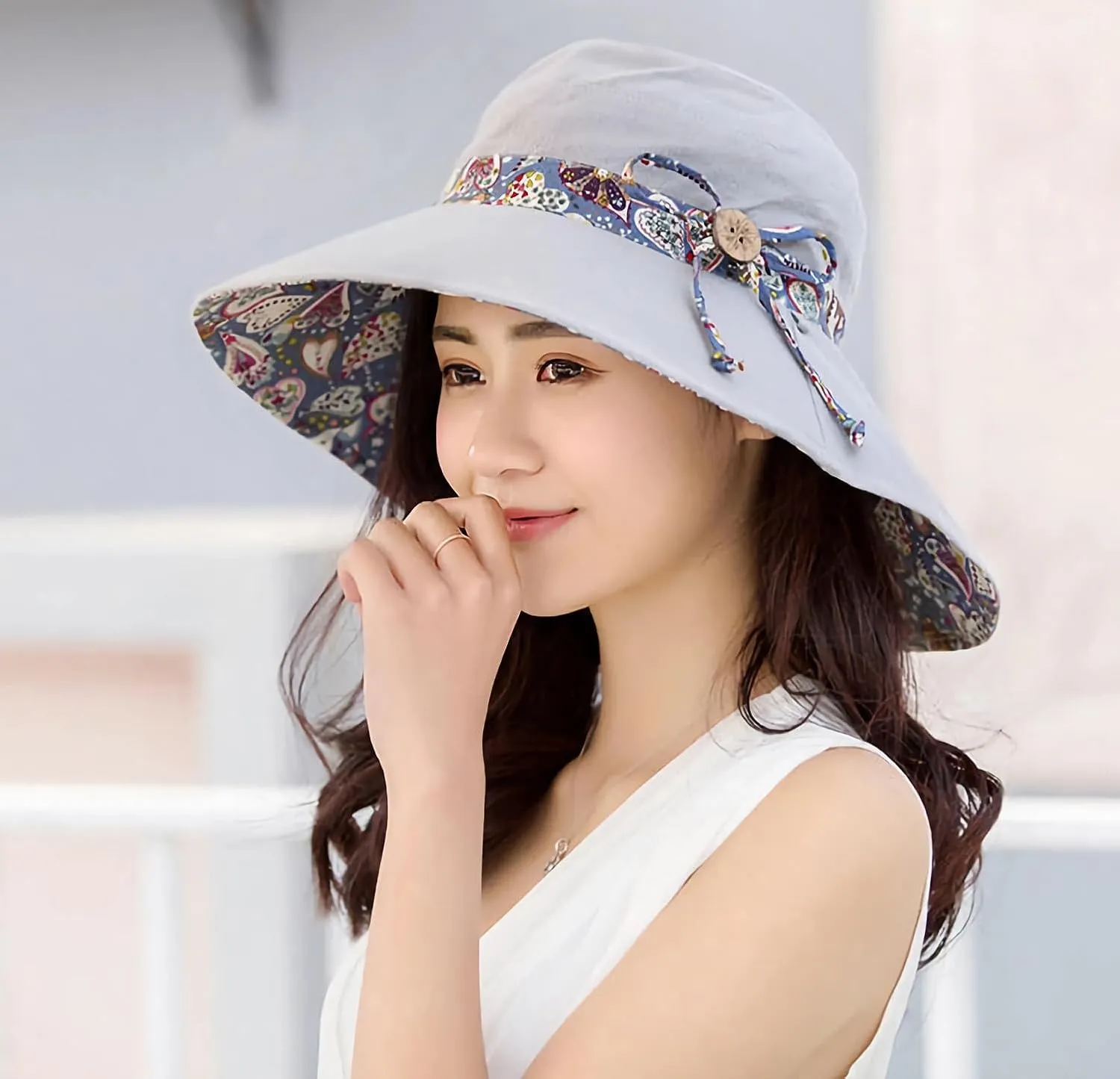 Women Bohemian Reversible Floral Cotton Sun Hat Wide Brim Outdoor Bucket Hats UV Protection