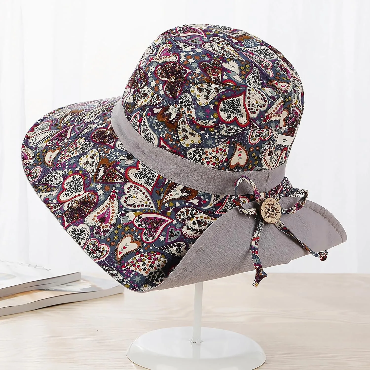 Women Bohemian Reversible Floral Cotton Sun Hat Wide Brim Outdoor Bucket Hats UV Protection