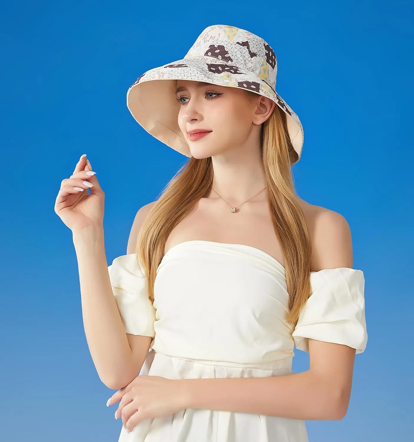 Women Bohemian Reversible Floral Cotton Sun Hat Wide Brim Outdoor Bucket Hats UV Protection