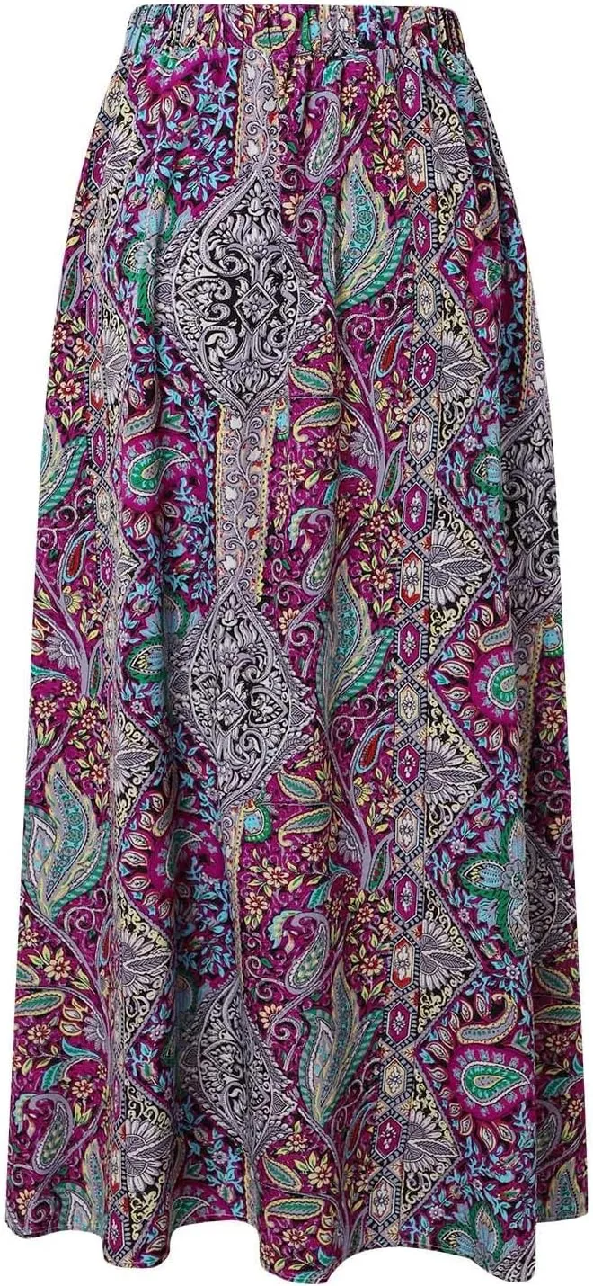 Women Boho Maxi Skirt Flowy Floral Side Slit Long Skirts Peasant Print Summer Vacation Beach Skirt 2025 Fashion