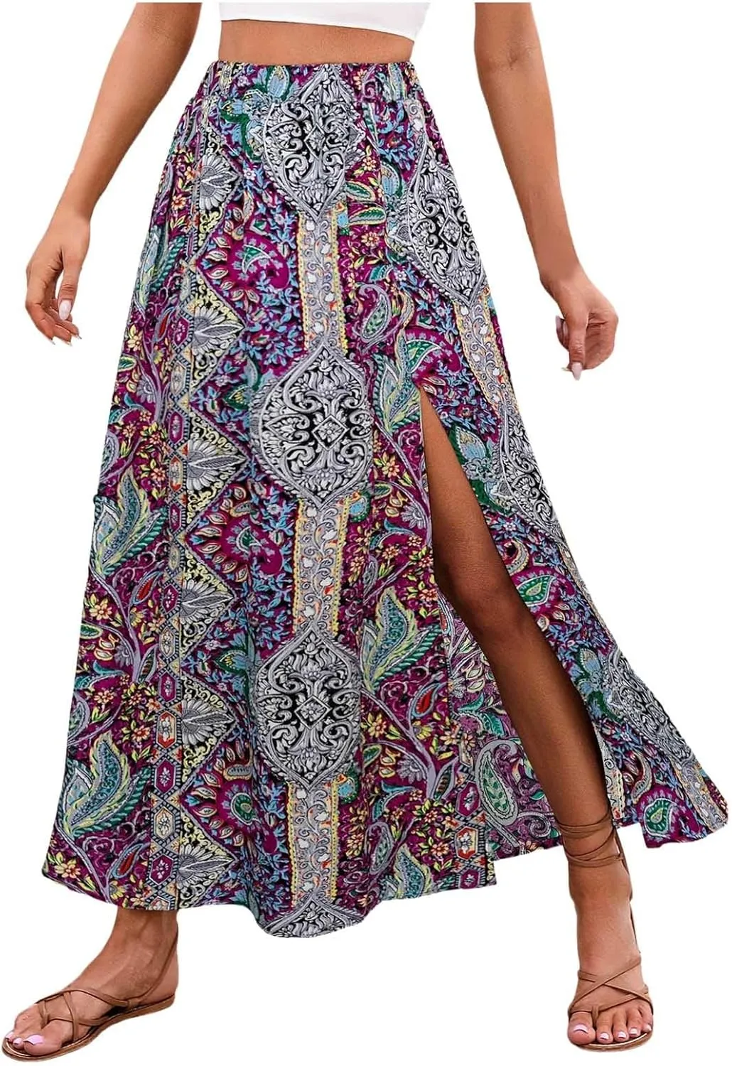 Women Boho Maxi Skirt Flowy Floral Side Slit Long Skirts Peasant Print Summer Vacation Beach Skirt 2025 Fashion