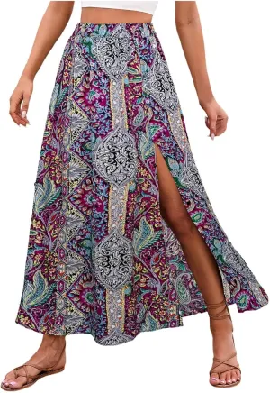 Women Boho Maxi Skirt Flowy Floral Side Slit Long Skirts Peasant Print Summer Vacation Beach Skirt 2025 Fashion