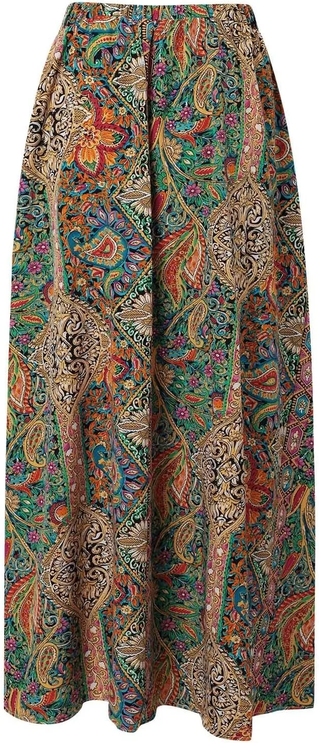 Women Boho Maxi Skirt Flowy Floral Side Slit Long Skirts Peasant Print Summer Vacation Beach Skirt 2025 Fashion