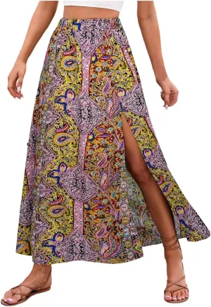 Women Boho Maxi Skirt Flowy Floral Side Slit Long Skirts Peasant Print Summer Vacation Beach Skirt 2025 Fashion
