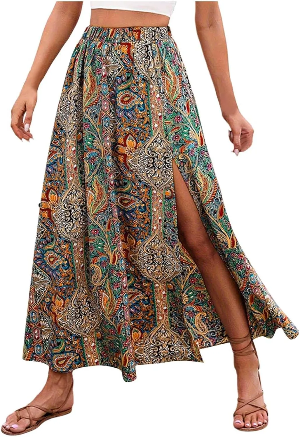 Women Boho Maxi Skirt Flowy Floral Side Slit Long Skirts Peasant Print Summer Vacation Beach Skirt 2025 Fashion