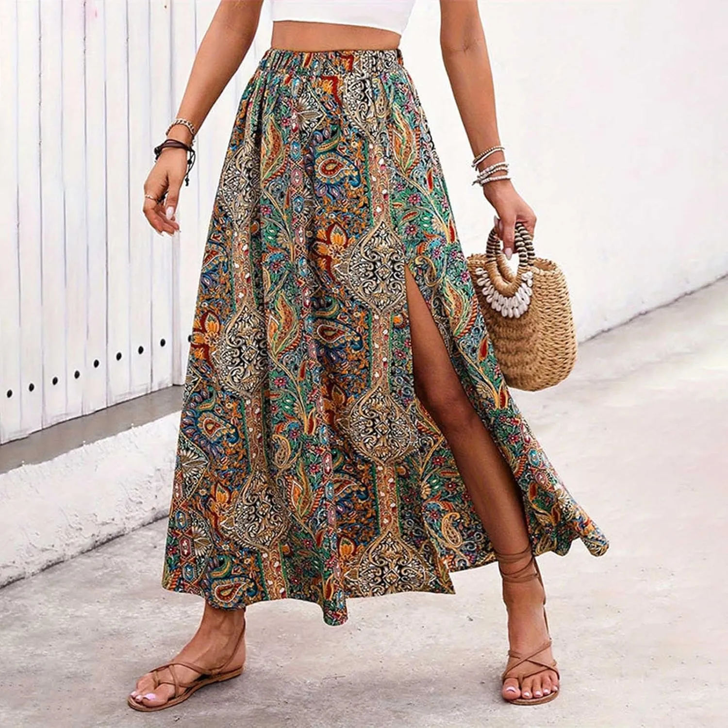 Women Boho Maxi Skirt Flowy Floral Side Slit Long Skirts Peasant Print Summer Vacation Beach Skirt 2025 Fashion