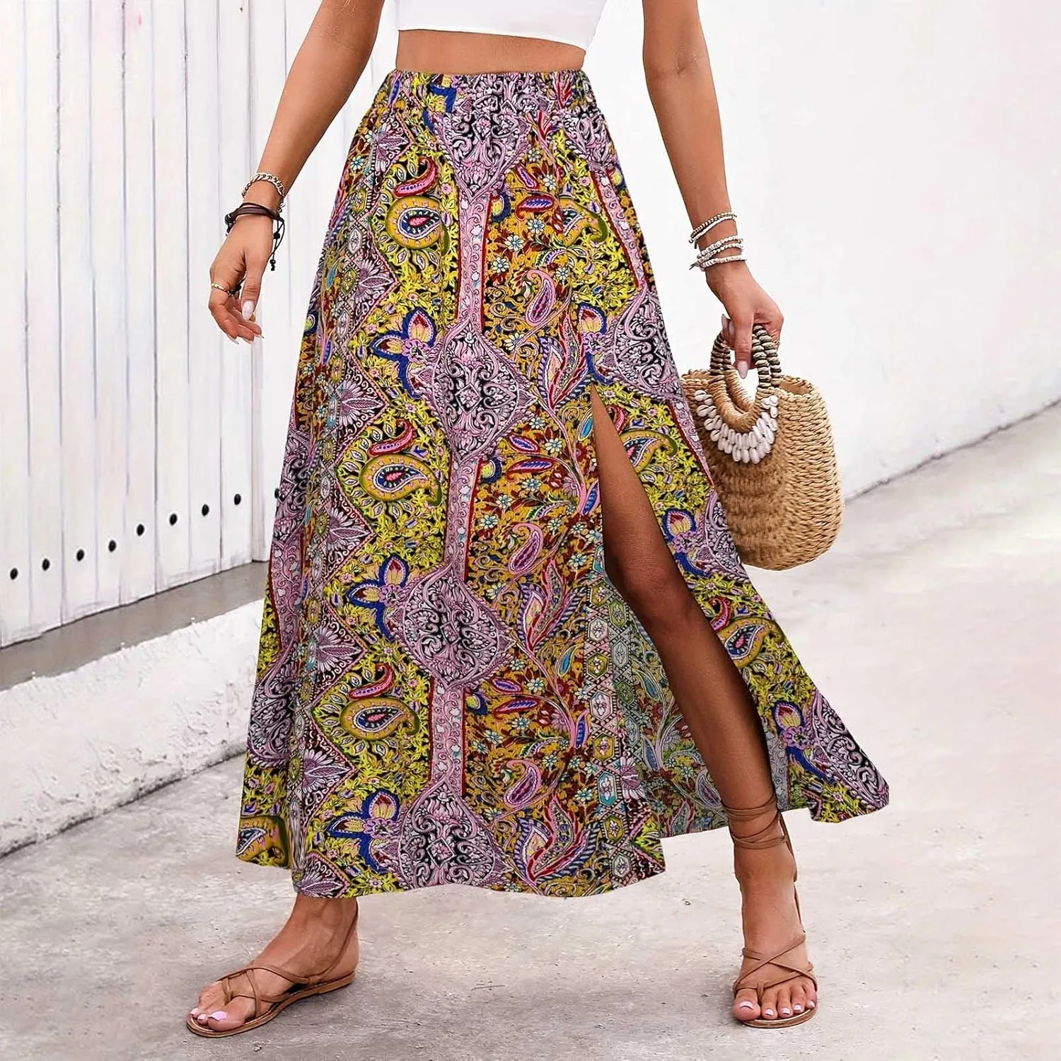 Women Boho Maxi Skirt Flowy Floral Side Slit Long Skirts Peasant Print Summer Vacation Beach Skirt 2025 Fashion