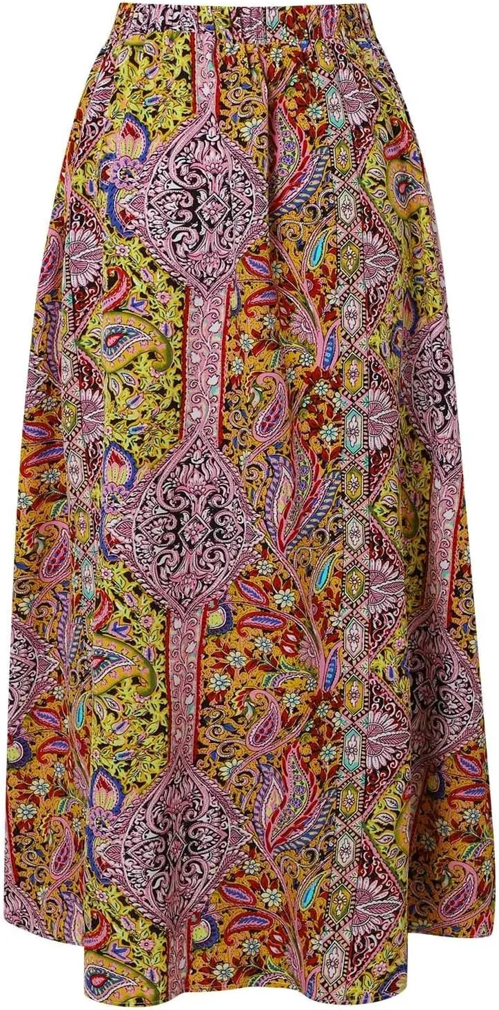 Women Boho Maxi Skirt Flowy Floral Side Slit Long Skirts Peasant Print Summer Vacation Beach Skirt 2025 Fashion
