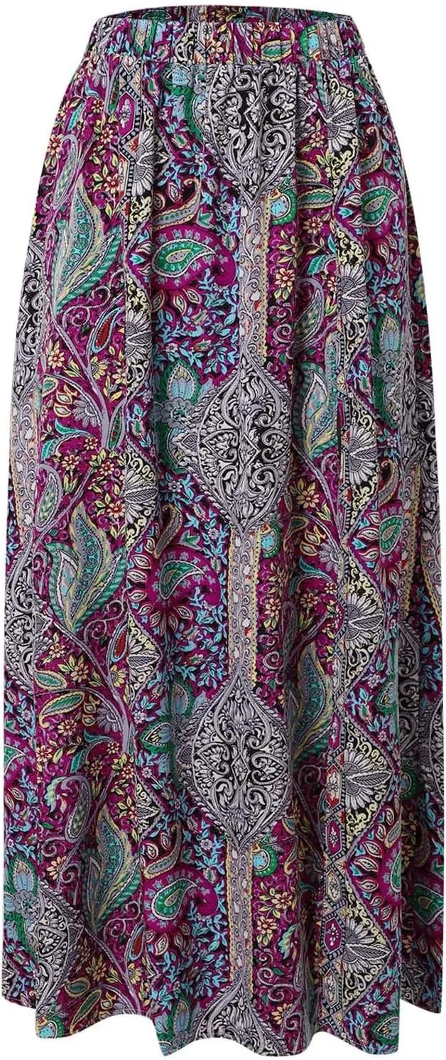 Women Boho Maxi Skirt Flowy Floral Side Slit Long Skirts Peasant Print Summer Vacation Beach Skirt 2025 Fashion