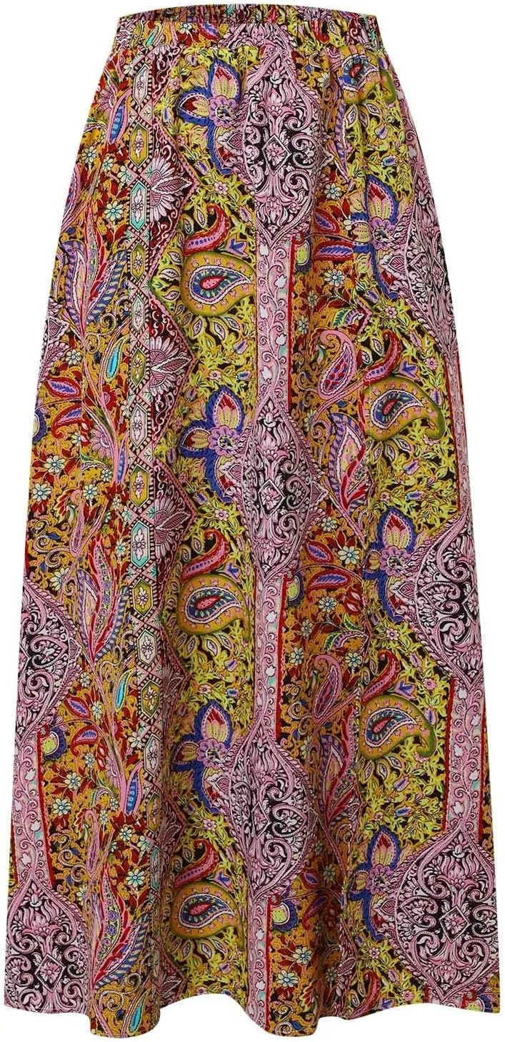 Women Boho Maxi Skirt Flowy Floral Side Slit Long Skirts Peasant Print Summer Vacation Beach Skirt 2025 Fashion
