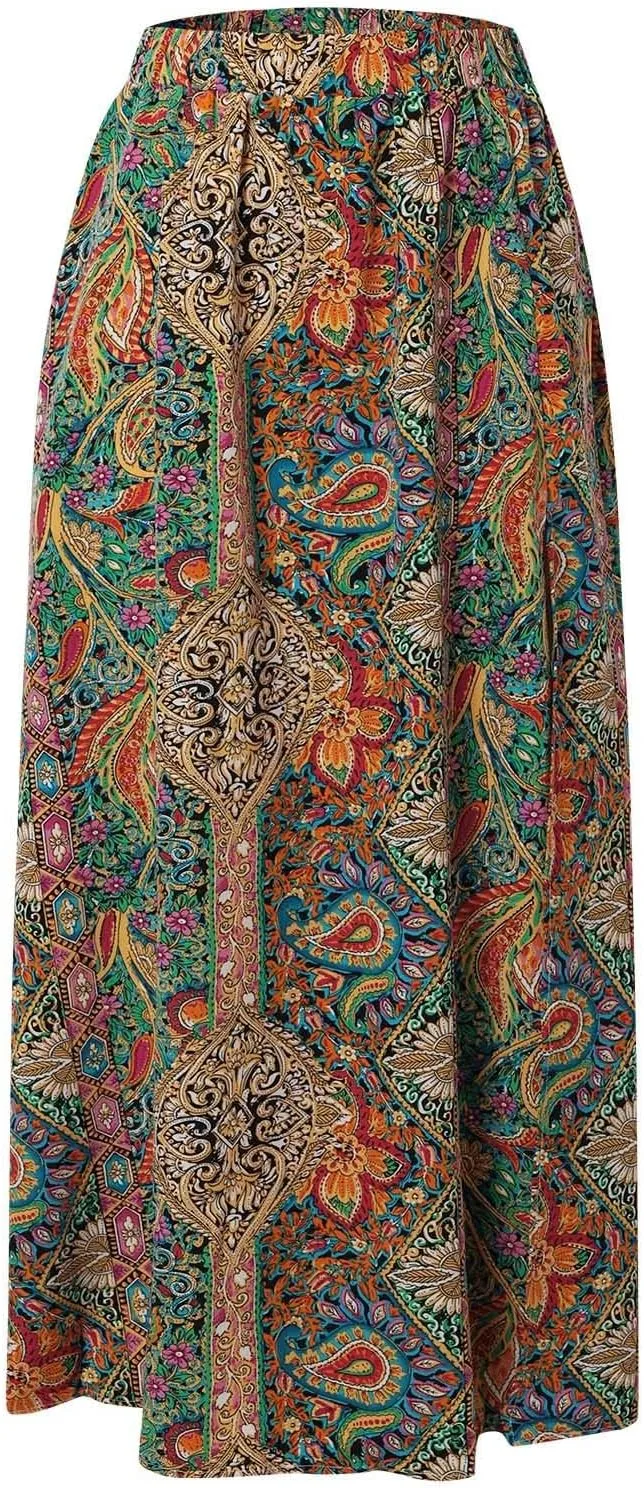 Women Boho Maxi Skirt Flowy Floral Side Slit Long Skirts Peasant Print Summer Vacation Beach Skirt 2025 Fashion