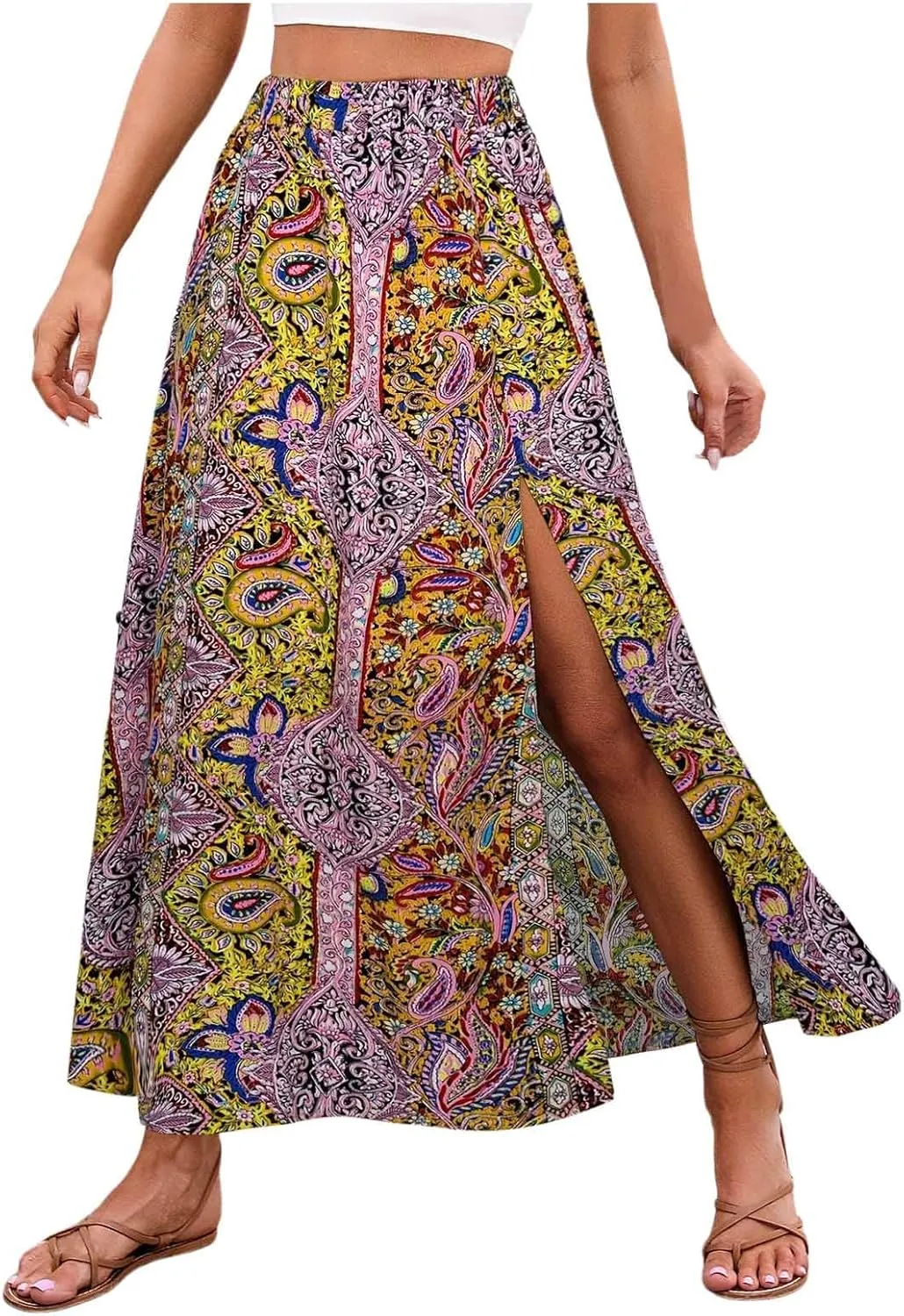 Women Boho Maxi Skirt Flowy Floral Side Slit Long Skirts Peasant Print Summer Vacation Beach Skirt 2025 Fashion
