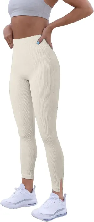 Women Casual Wokrout Ribbed Yoga Pant Solid Side Split Stretch High Waist Tummy Control Butt Lifting Tights Leggings