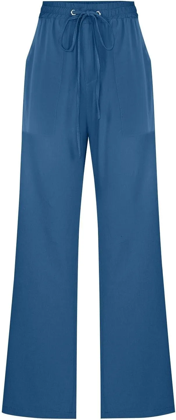 Women Cotton Linen Pants Summer Casual Drawstring Solid Lounge Long Trousers High Waist Straight Leg Comfy Work Pant