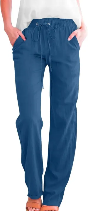 Women Cotton Linen Pants Summer Casual Drawstring Solid Lounge Long Trousers High Waist Straight Leg Comfy Work Pant