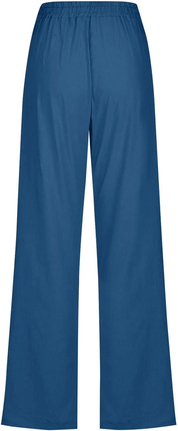 Women Cotton Linen Pants Summer Casual Drawstring Solid Lounge Long Trousers High Waist Straight Leg Comfy Work Pant