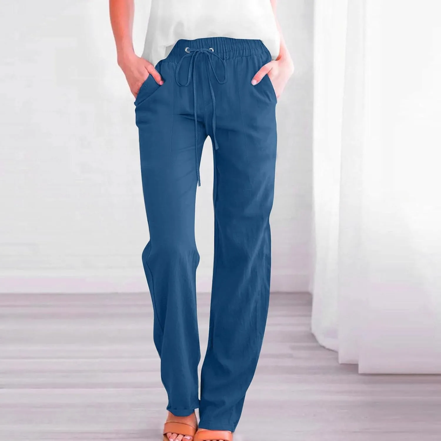 Women Cotton Linen Pants Summer Casual Drawstring Solid Lounge Long Trousers High Waist Straight Leg Comfy Work Pant