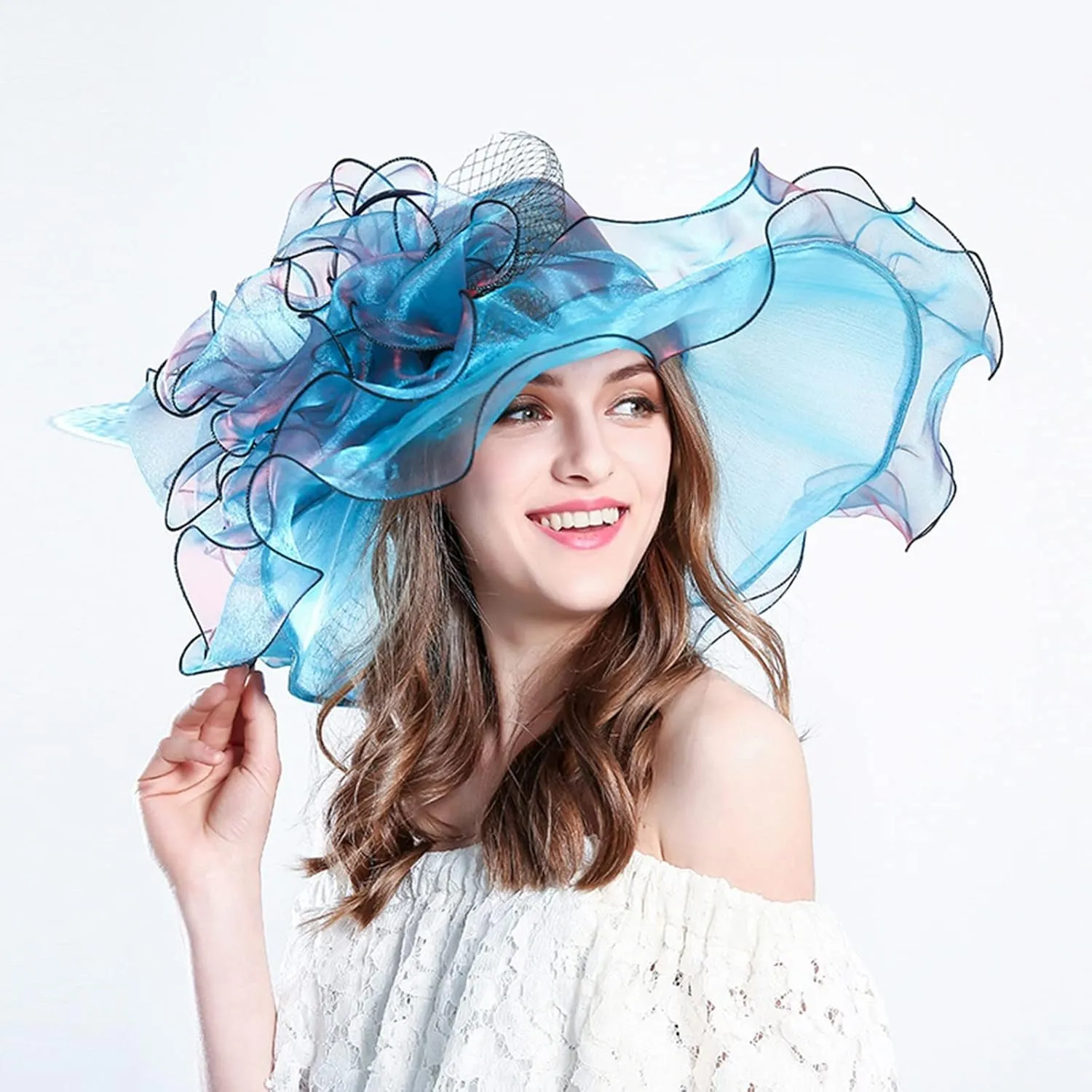 Women Flower-Organza Derby-Hat Polka-Dots-Brim Kentucky-Sun-Hat Tea-Party-Elegant-Hat-Church-Fascinator