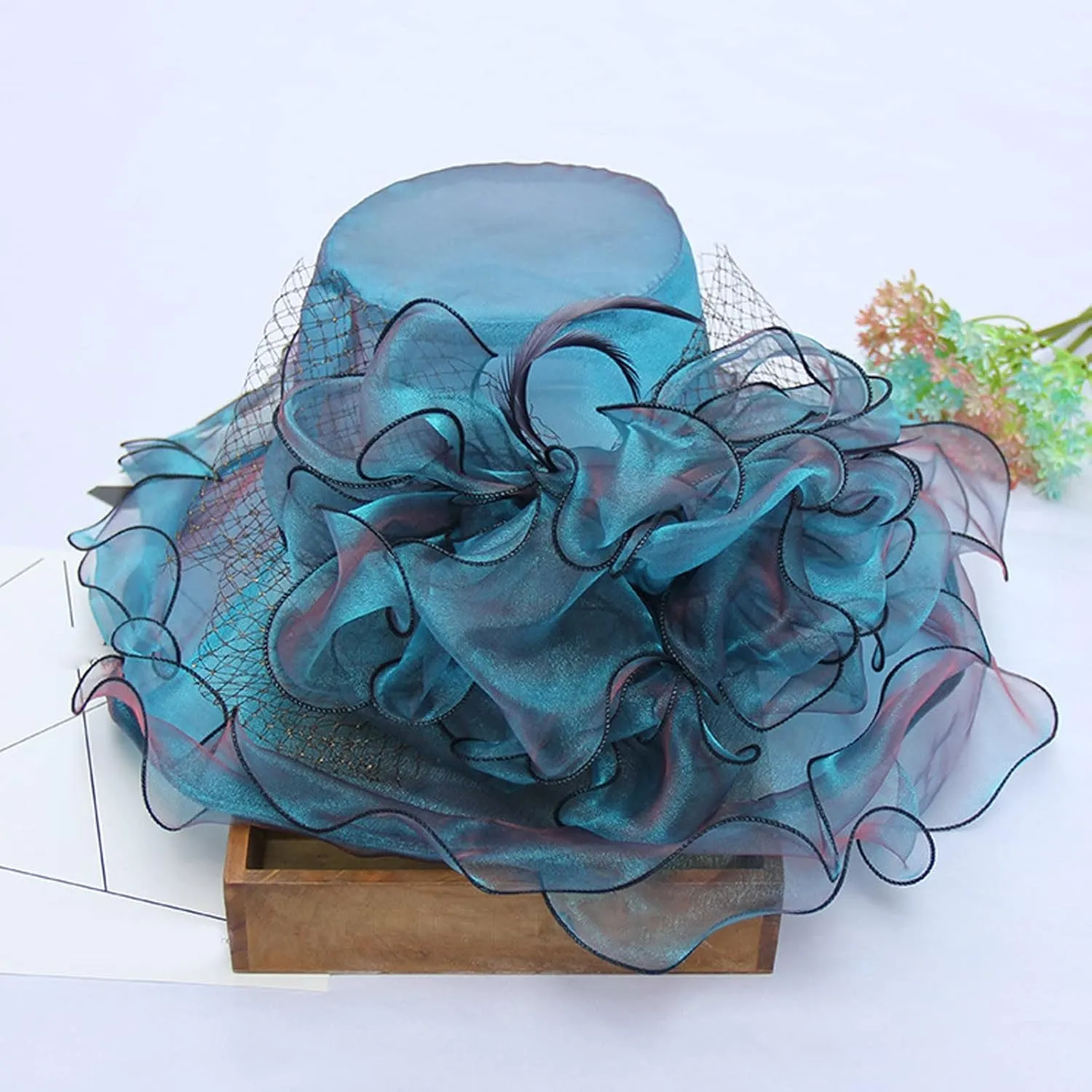 Women Flower-Organza Derby-Hat Polka-Dots-Brim Kentucky-Sun-Hat Tea-Party-Elegant-Hat-Church-Fascinator