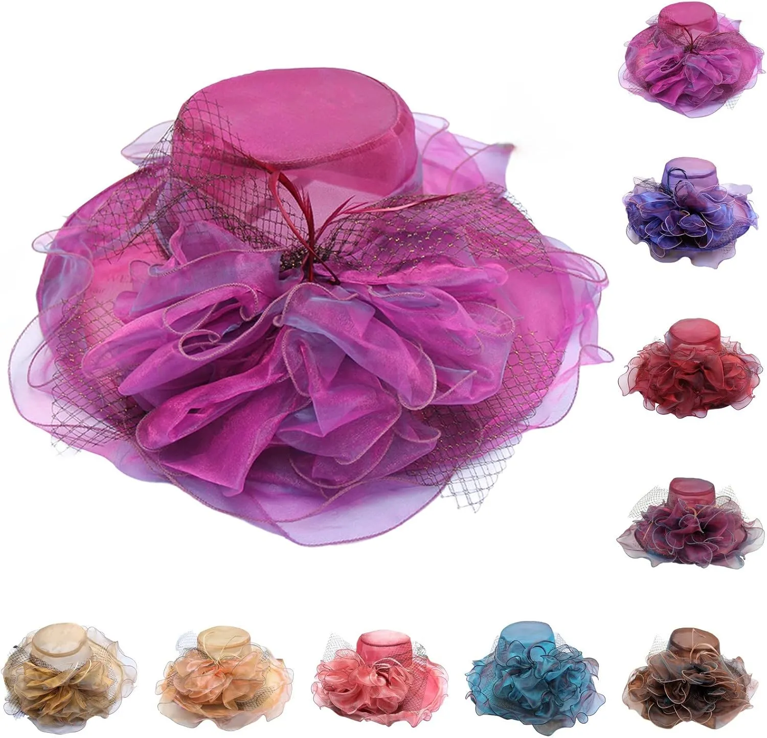Women Flower-Organza Derby-Hat Polka-Dots-Brim Kentucky-Sun-Hat Tea-Party-Elegant-Hat-Church-Fascinator