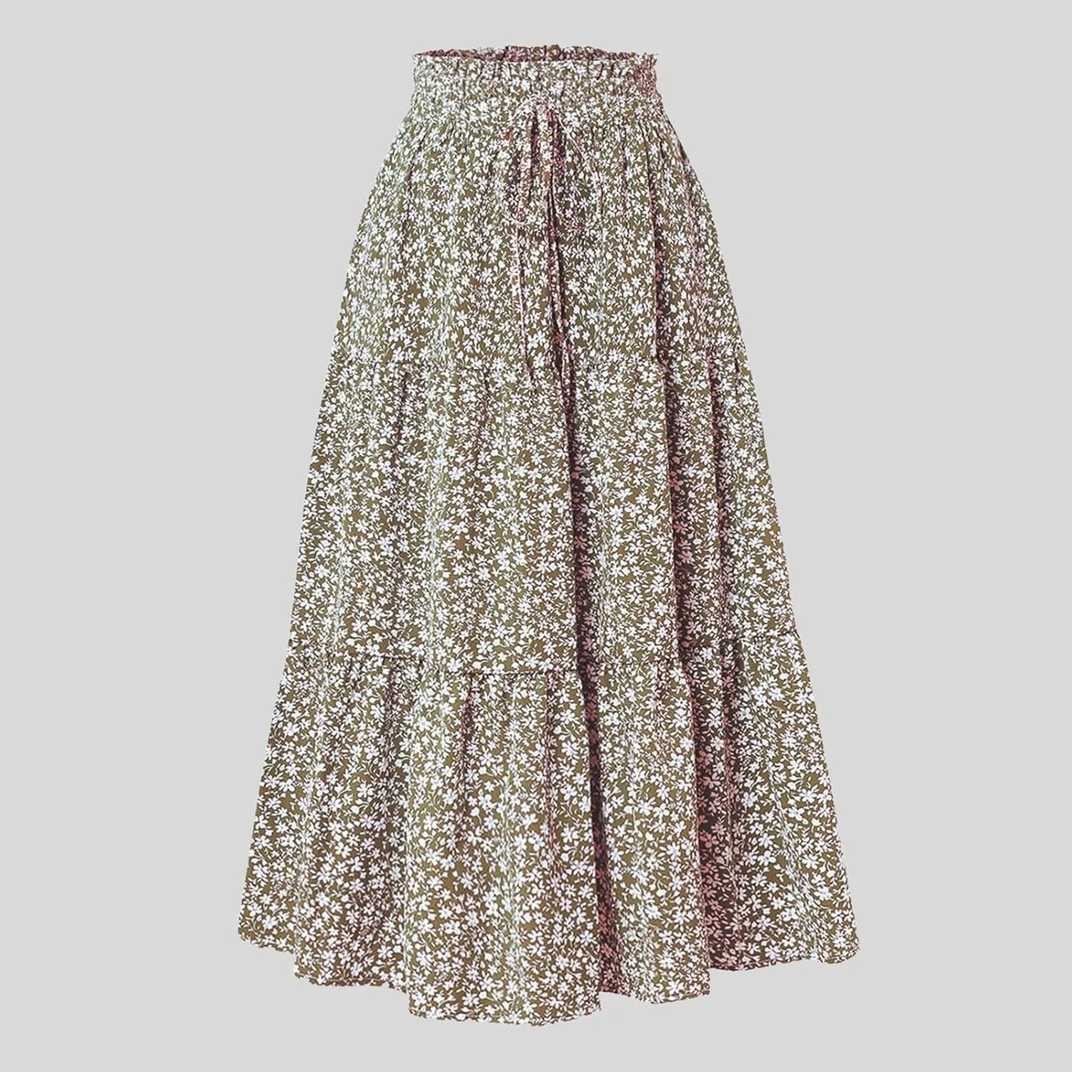 Women Flowy Boho Maxi Skirt Elastic High Waist A Line Pleated Tiered Floral Ruffle Trendy Summer Casual Beach Skirts