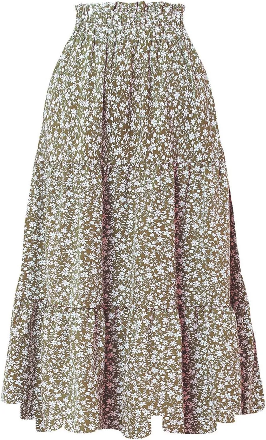 Women Flowy Boho Maxi Skirt Elastic High Waist A Line Pleated Tiered Floral Ruffle Trendy Summer Casual Beach Skirts