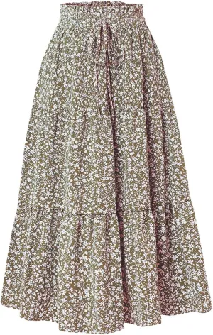 Women Flowy Boho Maxi Skirt Elastic High Waist A Line Pleated Tiered Floral Ruffle Trendy Summer Casual Beach Skirts