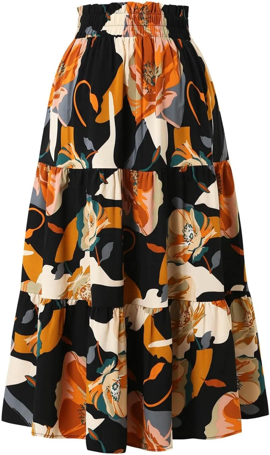 Women Flowy Boho Maxi Skirt Elastic High Waist A Line Pleated Tiered Floral Ruffle Trendy Summer Casual Beach Skirts