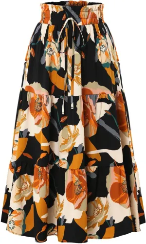 Women Flowy Boho Maxi Skirt Elastic High Waist A Line Pleated Tiered Floral Ruffle Trendy Summer Casual Beach Skirts