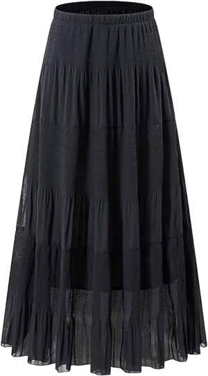 Women Flowy Boho Maxi Skirt Elastic High Waist A Line Pleated Tiered Floral Ruffle Trendy Summer Casual Beach Skirts