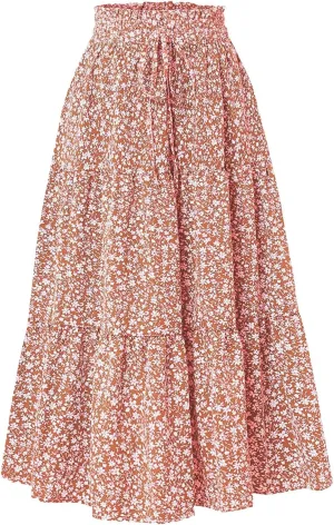 Women Flowy Boho Maxi Skirt Elastic High Waist A Line Pleated Tiered Floral Ruffle Trendy Summer Casual Beach Skirts