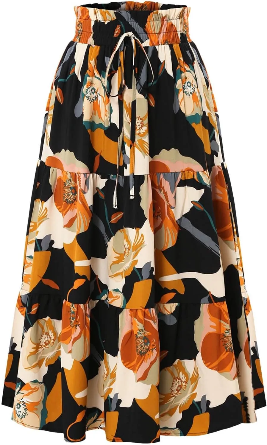 Women Flowy Boho Maxi Skirt Elastic High Waist A Line Pleated Tiered Floral Ruffle Trendy Summer Casual Beach Skirts