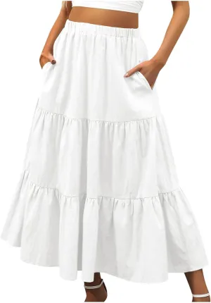 Women Maxi Boho Skirts Summer Trendy Beach Long Skirt Tiered Flowy Ruffle Skirts Casual Vacation Skirt with Pocket