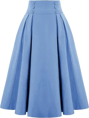 Women Midi Skirt Button High Waisted Elastic Casual Solid Color Pleated Knee Length Flowy A Line Skirts