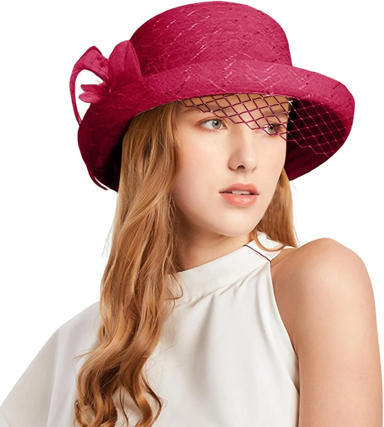 Women Organza Hat Church Cap Hats 𝙲ocktail Tea Party Wedding Bridal Flower Hat with Wide Brim