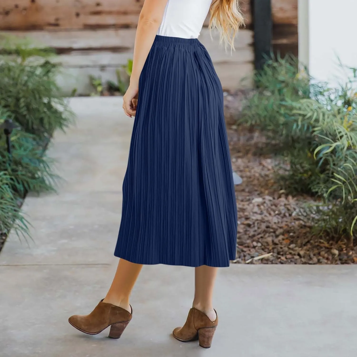 Women Summer Casual Midi Skirts Elastic High Waisted Button Down Solid Color Pleated Comfy A Line Beach Skirt