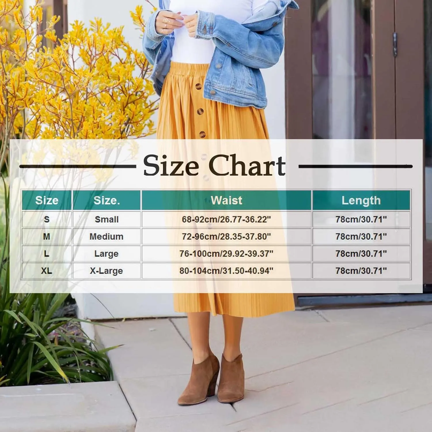 Women Summer Casual Midi Skirts Elastic High Waisted Button Down Solid Color Pleated Comfy A Line Beach Skirt