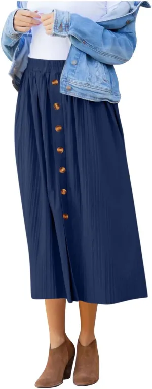 Women Summer Casual Midi Skirts Elastic High Waisted Button Down Solid Color Pleated Comfy A Line Beach Skirt