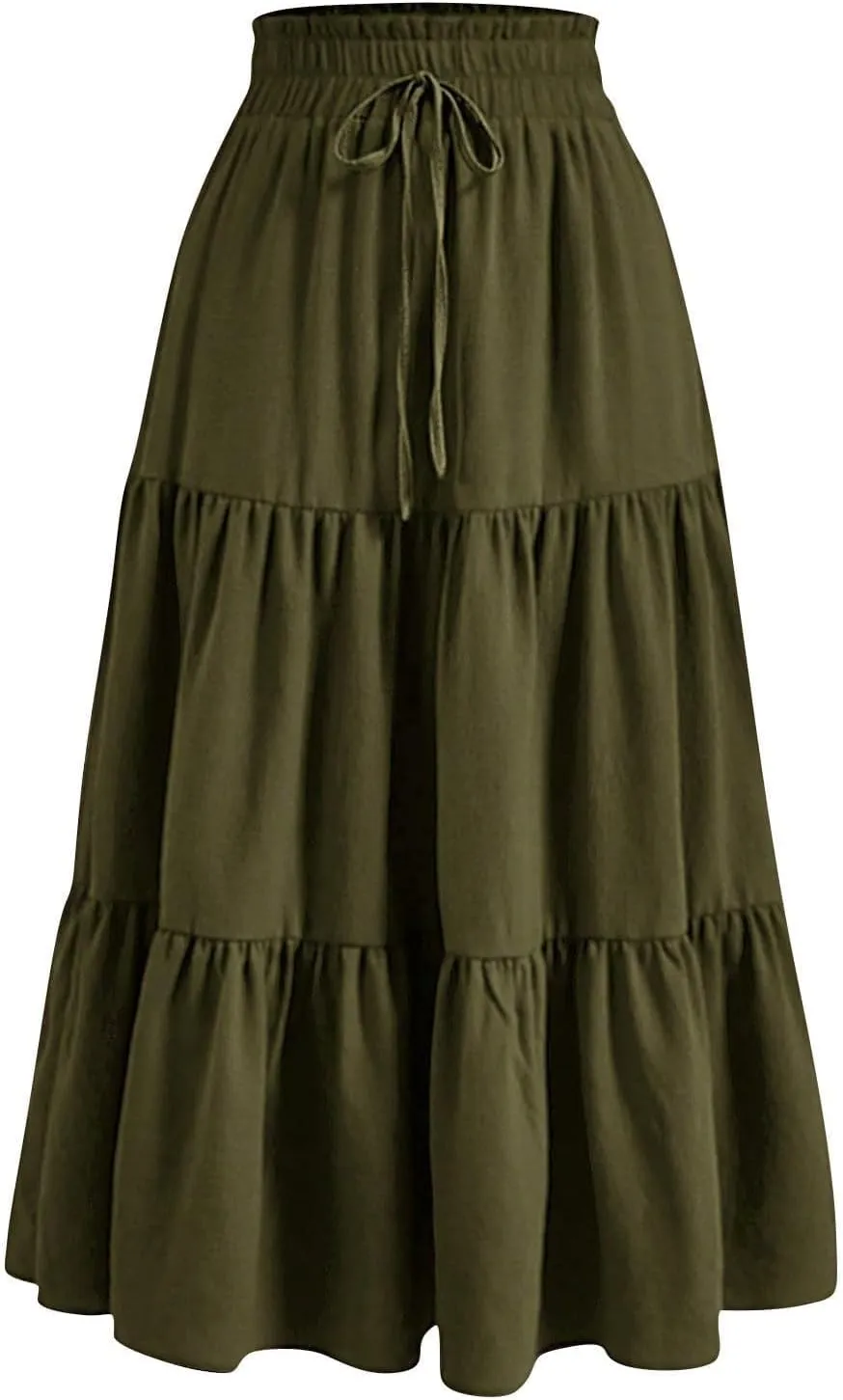 Women Summer Midi Skirts Elastic High Waisted Pleated Tiered Plain Drawstring Tie-up Wrap Casual A Line Skirt